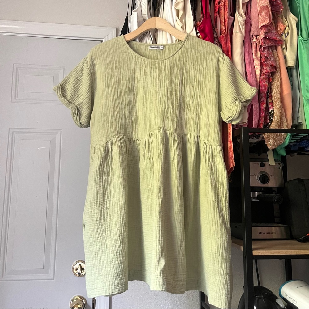 GHANDA CO‎ sage pistachio green cotton gauze babydoll short sleeve mini dress